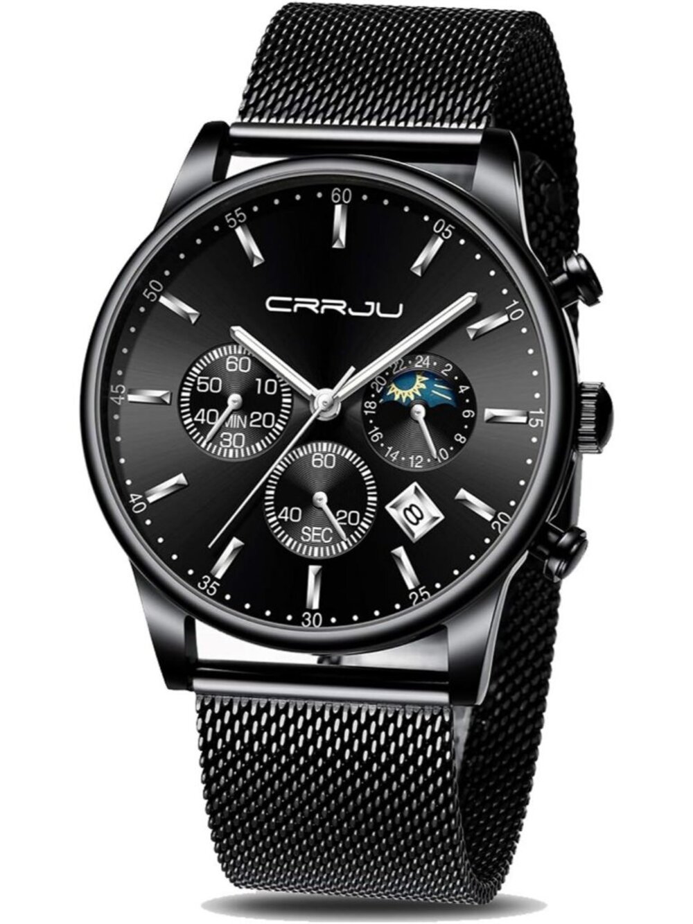Men's Black Silver Chronograph Auto Date Steel Quartz with Mesh Strap Wristwatch